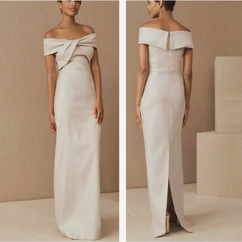 Rickie Freeman Teri Jon Metallic Jacquard Off-the-Shoulder Champagne Gown Size 8